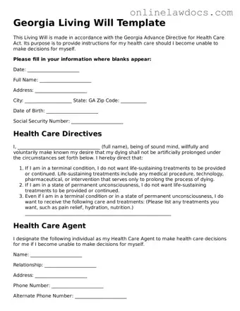 Legal  Living Will Document for Georgia