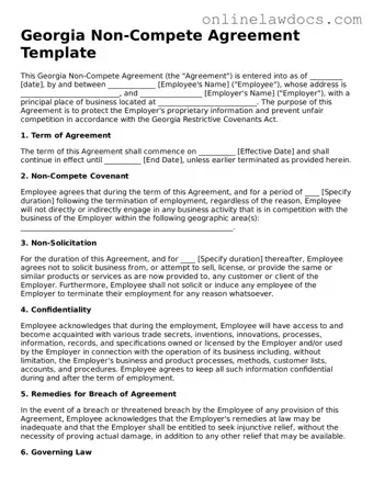 Legal  Non-compete Agreement Document for Georgia