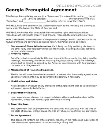 Legal  Prenuptial Agreement Document for Georgia