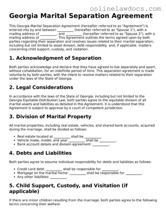 Legal  Marital Separation Agreement Document for Georgia