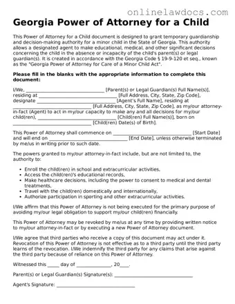 Legal  Power of Attorney for a Child Document for Georgia