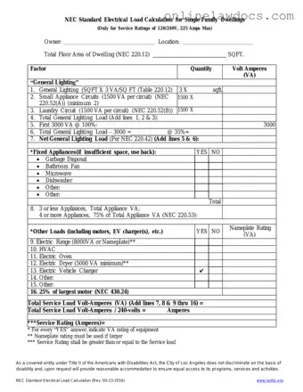 Fill a Valid LADBS NEC Standard Electrical Load Calculation Form
