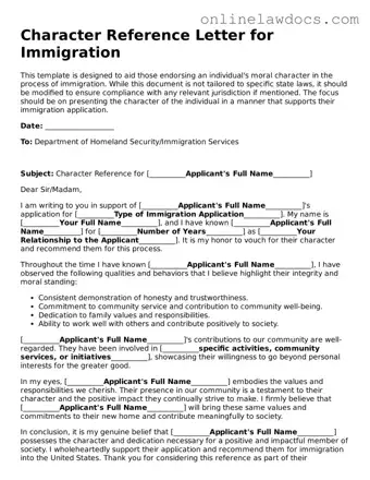 Free Character Reference Letter for Immigration Document