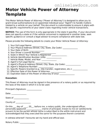 Free Motor Vehicle Power of Attorney Document