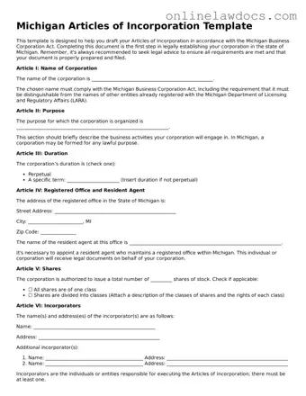 Legal  Articles of Incorporation Document for Michigan