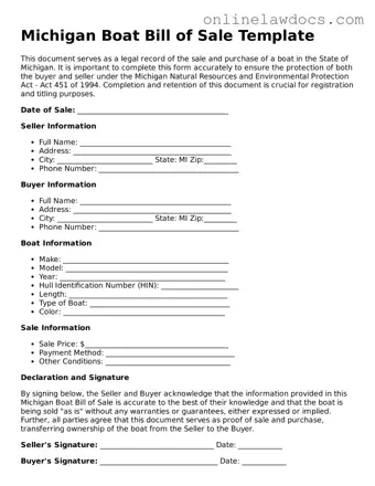 Legal  Boat Bill of Sale Document for Michigan