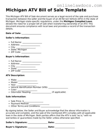 Legal  ATV Bill of Sale Document for Michigan