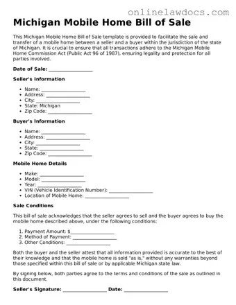 Legal  Mobile Home Bill of Sale Document for Michigan