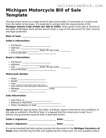 Legal  Motorcycle Bill of Sale Document for Michigan
