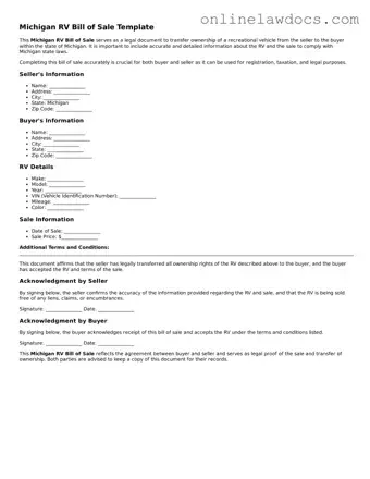 Legal  RV Bill of Sale Document for Michigan