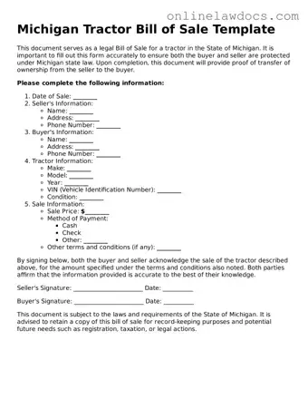 Legal  Tractor Bill of Sale Document for Michigan