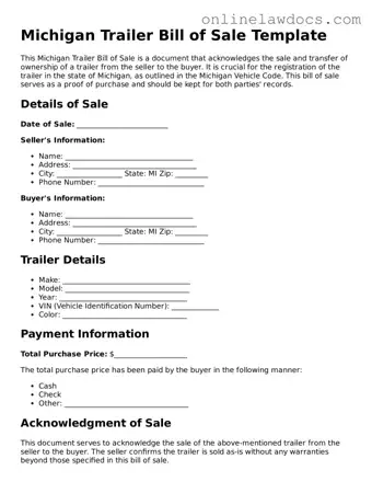 Legal  Trailer Bill of Sale Document for Michigan