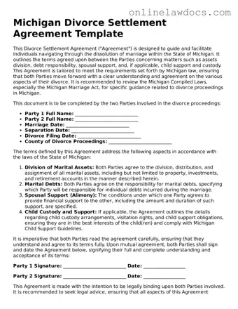 Legal  Divorce Settlement Agreement Document for Michigan