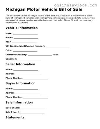 Legal  Motor Vehicle Bill of Sale Document for Michigan