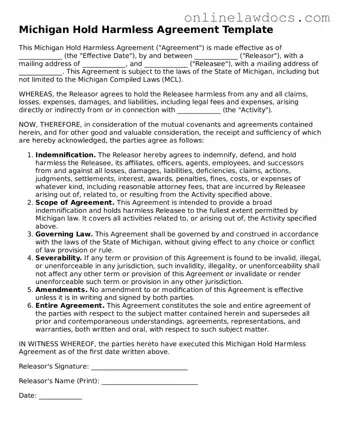 Legal  Hold Harmless Agreement Document for Michigan
