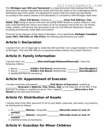 Legal  Last Will and Testament Document for Michigan