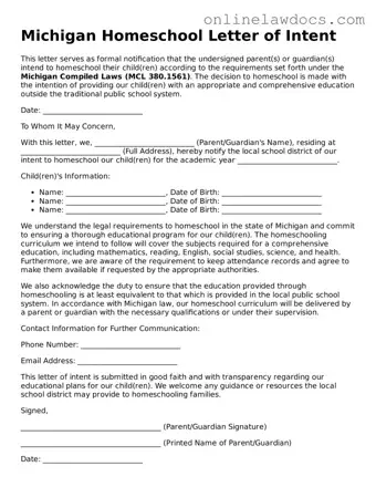 Legal  Homeschool Letter of Intent Document for Michigan
