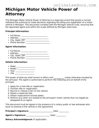 Legal  Motor Vehicle Power of Attorney Document for Michigan