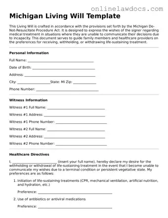 Legal  Living Will Document for Michigan