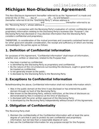 Legal  Non-disclosure Agreement Document for Michigan