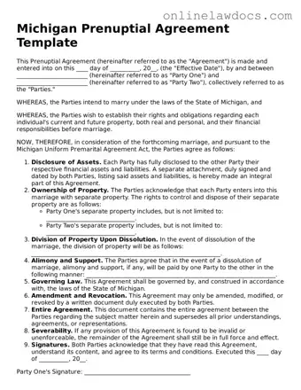 Legal  Prenuptial Agreement Document for Michigan