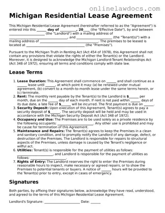 Legal  Residential Lease Agreement Document for Michigan