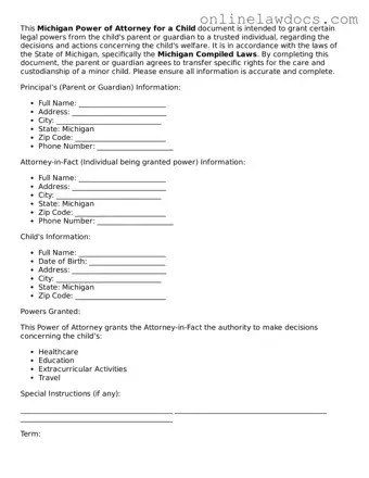 Legal  Power of Attorney for a Child Document for Michigan
