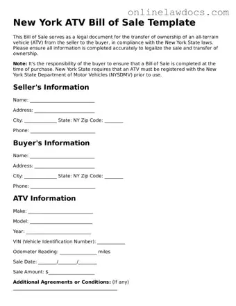 Legal  ATV Bill of Sale Document for New York