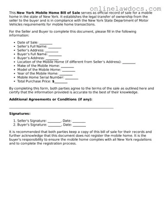 Legal  Mobile Home Bill of Sale Document for New York