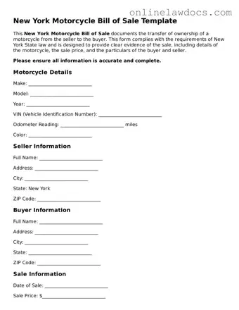 Legal  Motorcycle Bill of Sale Document for New York