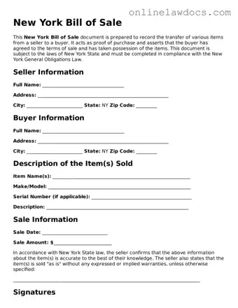 Legal  Bill of Sale Document for New York