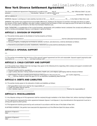 Legal  Divorce Settlement Agreement Document for New York