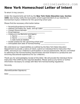Legal  Homeschool Letter of Intent Document for New York