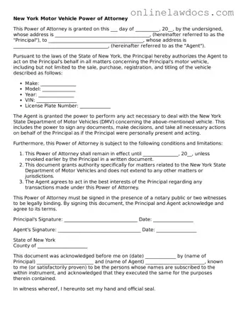 Legal  Motor Vehicle Power of Attorney Document for New York