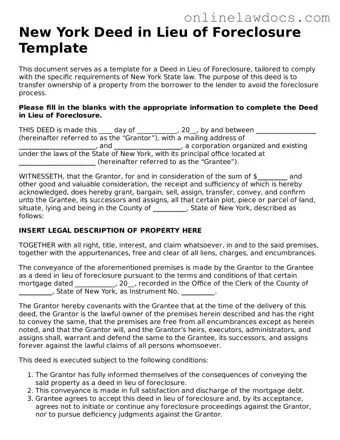 Legal  Deed in Lieu of Foreclosure Document for New York