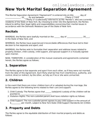 Legal  Marital Separation Agreement Document for New York
