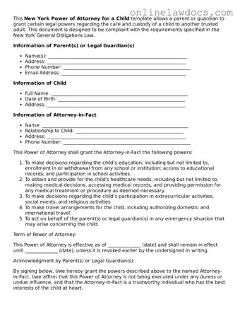 Legal  Power of Attorney for a Child Document for New York