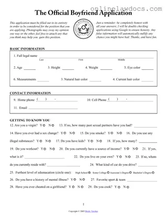 Fill a Valid Boyfriend application form Form