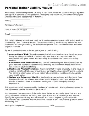 Free Personal Trainer Liability Waiver Document