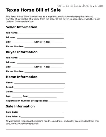 Legal  Horse Bill of Sale Document for Texas