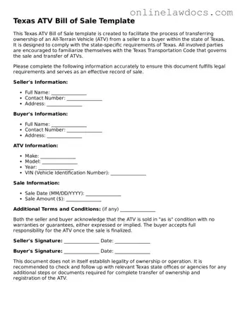 Legal  ATV Bill of Sale Document for Texas