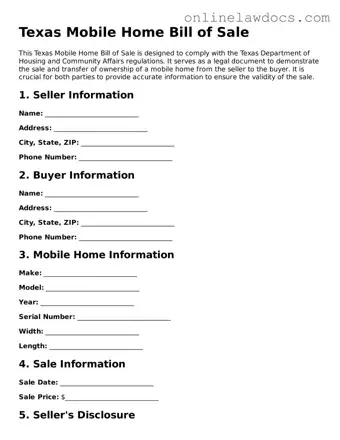 Legal  Mobile Home Bill of Sale Document for Texas