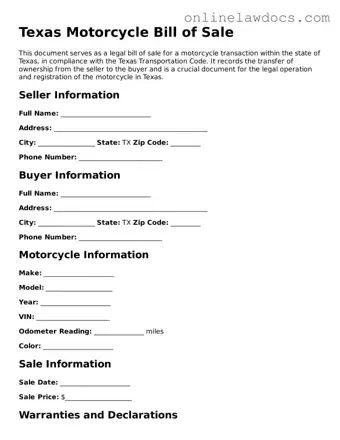 Legal  Motorcycle Bill of Sale Document for Texas