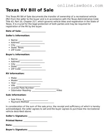 Legal  RV Bill of Sale Document for Texas