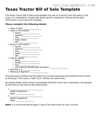 Legal  Tractor Bill of Sale Document for Texas