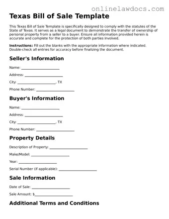 Legal  Bill of Sale Document for Texas