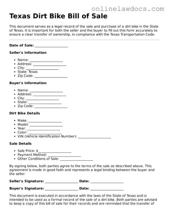Legal  Dirt Bike Bill of Sale Document for Texas