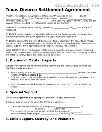 Legal  Divorce Settlement Agreement Document for Texas