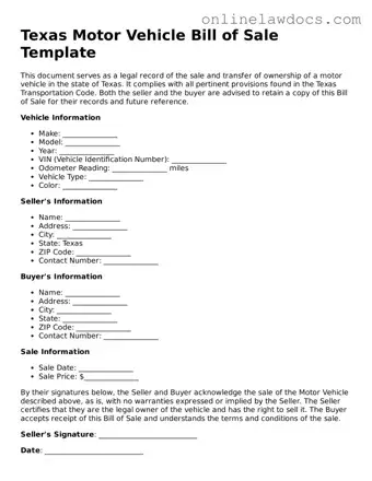 Legal  Motor Vehicle Bill of Sale Document for Texas