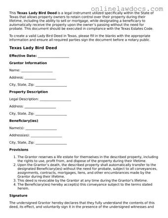 Legal  Lady Bird Deed Document for Texas